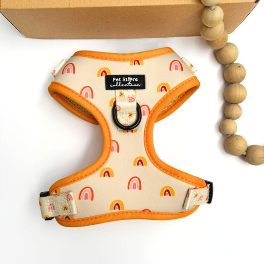 Our Boho Rainbow Fully Adjustable Dog Harness in vibrant yellow and cream with a rainbow pattern. A stylish boho dog harness with matching accessories, crafted from lightweight quick-dry neoprene and thoughtfully designed in Australia.
