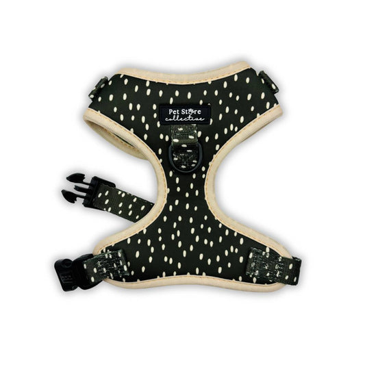Front of our Dottie Days Dog Harness in olive green with soft cream dots, showing the front D-ring designed to help reduce pulling during training. Made from breathable, quick-dry neoprene with an adjustable fit from XXS to L. Designed in Australia by Pet Store Collective.