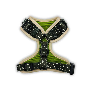 Back view of our Dottie Days Adjustable Dog Harness with a secure back D-ring for everyday walking, fully adjustable straps, and soft padded trim. Timeless olive and cream polka dot dog harness design in quick-dry neoprene material. XXS to L sizing. Designed in Australia.