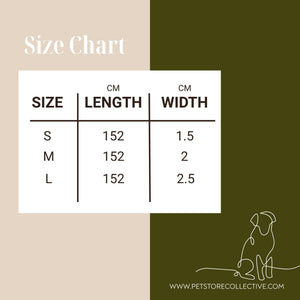 Dottie Days olive green anti-tangle dog lead size chart showing small, medium and large width options all at 152cm length by Pet Store Collective.