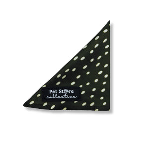 Close-up of our Dottie Days olive and cream polka dot dog bandana, breathable fabric, available in S/M and M/L with exact measurements listed.
