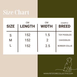 Size guide for Pet Store Collective's olive green anti-tangle dog lead in olive green and cream polka dots.