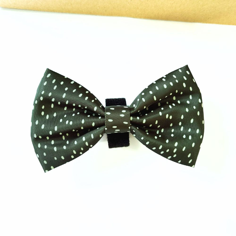Dottie Days olive green dog bow tie with cream polka dots and black velcro back by Pet Store Collective.