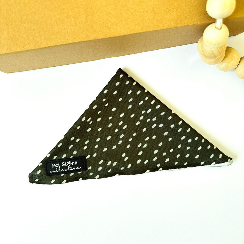 Dottie Days olive green dog bandana flat lay with cream polka dots by Pet Store Collective.