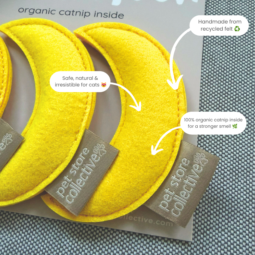 Handmade recycled felt moon catnip toys by Pet Store Collective showing organic catnip filling and eco-friendly materials with product annotations.