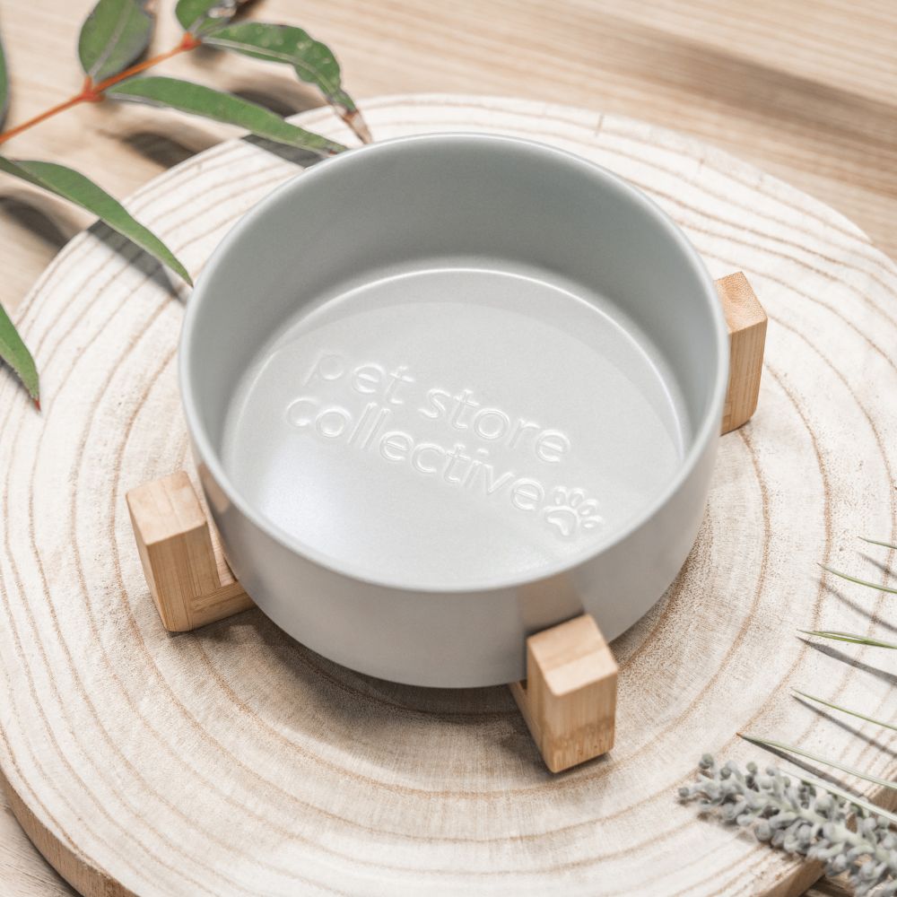 Silver mist ceramic pet bowl with bamboo base on wooden board by Pet Store Collective.