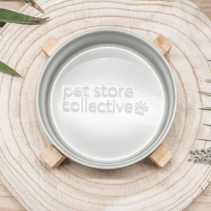 Top view of silver mist ceramic pet bowl with bamboo base showing interior capacity by Pet Store Collective.