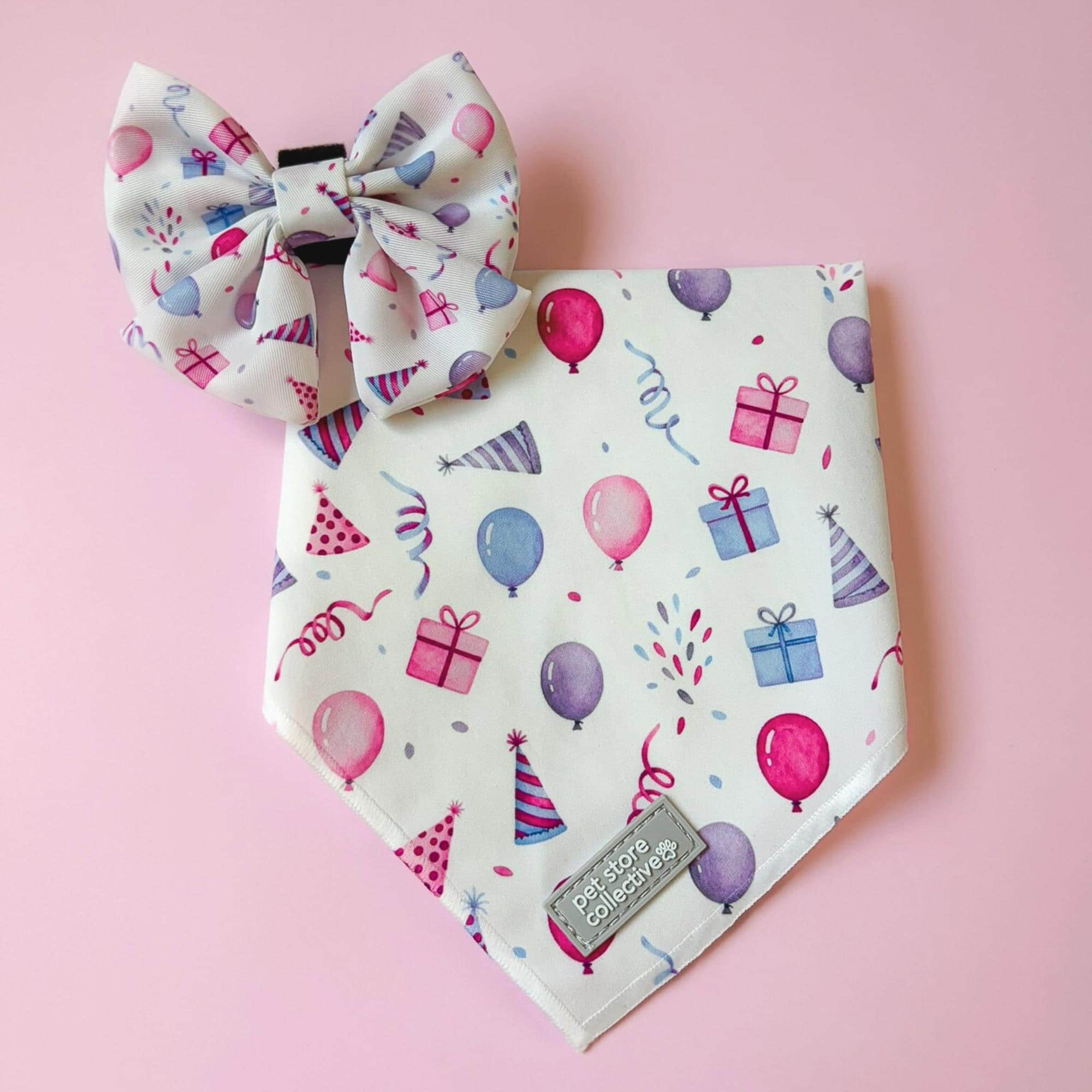 Limited edition Birthday Girl pet bandana and matching sailor bowtie set with pastel confetti, balloons, and gift detail print.