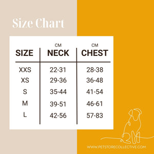Size chart for our Boho Rainbow Adjustable Dog Harness. A stylish boho dog harness from our golden rainbow accessories range, available in XXS to L and thoughtfully designed in Sydney by Pet Store Collective.