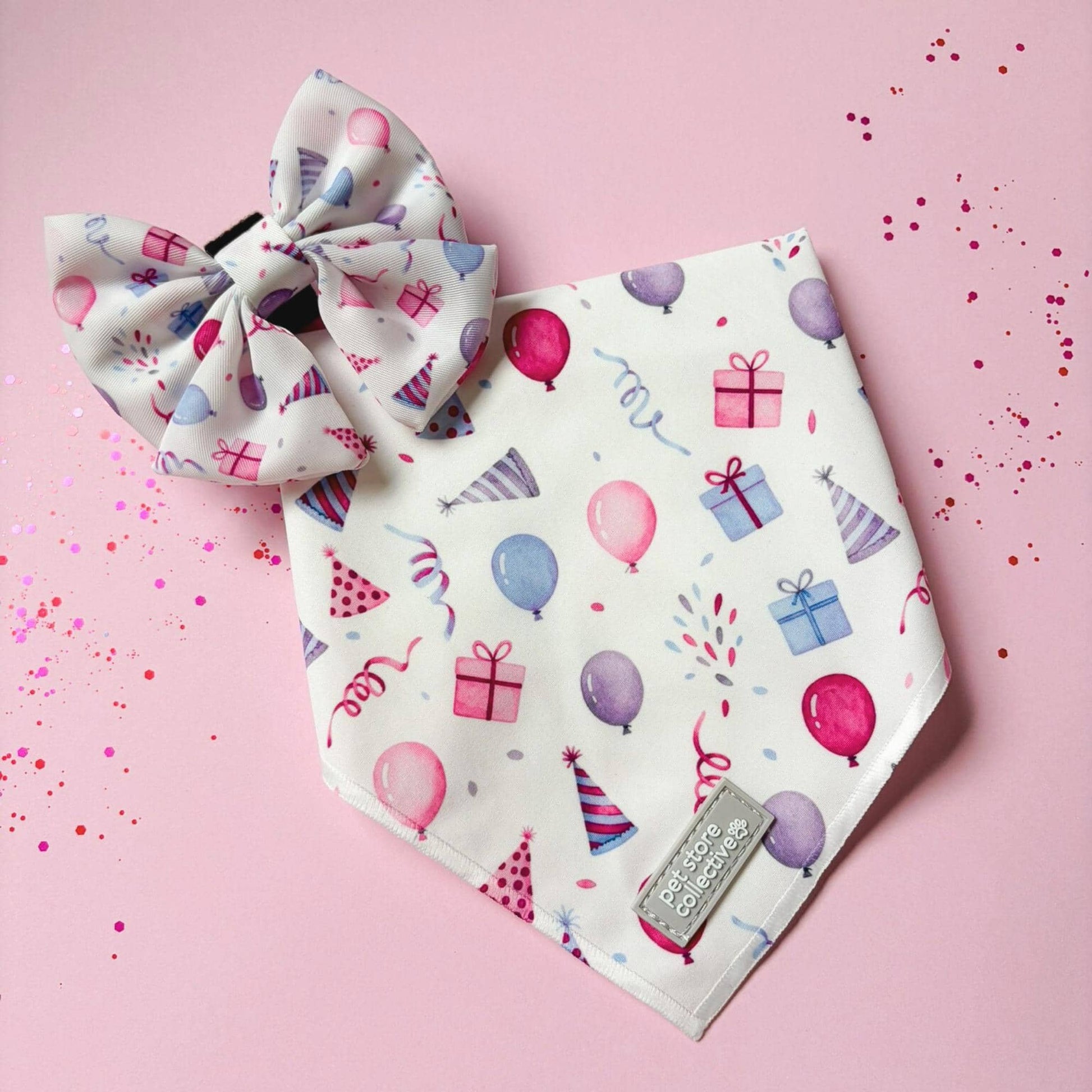 Pastel birthday dog bandana and sailor bow set for girl dogs. Lightweight and comfortable for all day wear, celebrate in a coordinated style - suitable for dogs and cats.