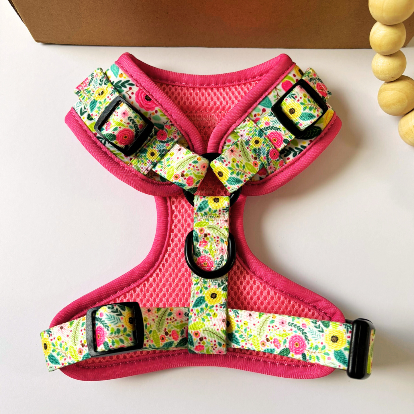 Back of our Bloom Floral Dog Harness featuring our back D-ring for everyday lead attachment. Fully adjustable dog and cat harness with soft padding and a custom pink floral design. Available in XXS to L. Designed in Australia by Pet Store Collective.