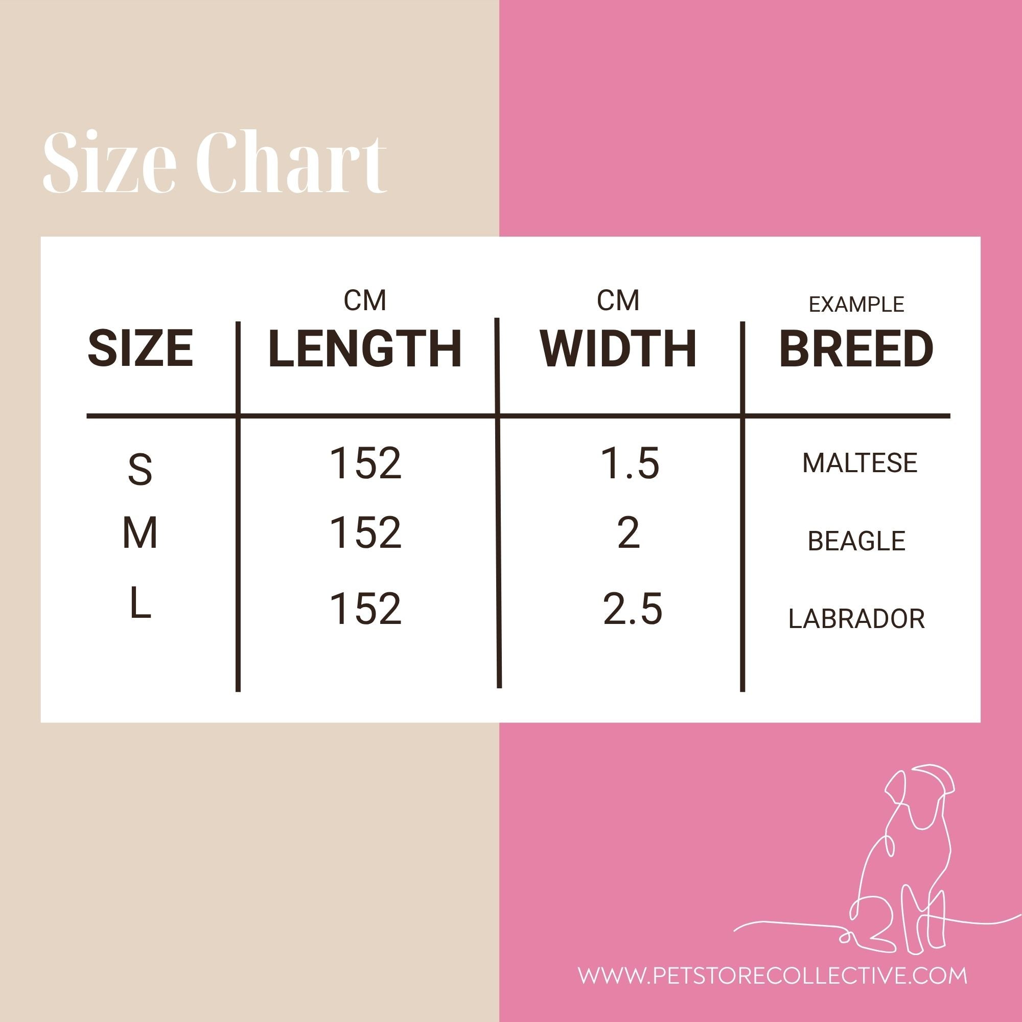 Dog lead size chart showing small medium and large width options with breed examples Maltese Beagle and Labrador by Pet Store Collective.