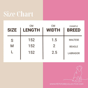 Dog lead size chart showing small medium and large width options with breed examples Maltese Beagle and Labrador by Pet Store Collective.
