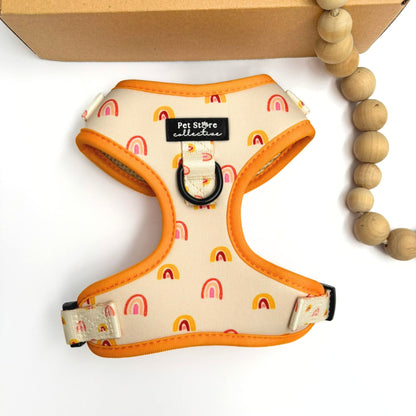 Our Boho Rainbow Adjustable Dog Harness in vibrant yellow and cream with rainbow pattern. Stylish dog accessories Australia, lightweight quick-dry neoprene, designed in Sydney.