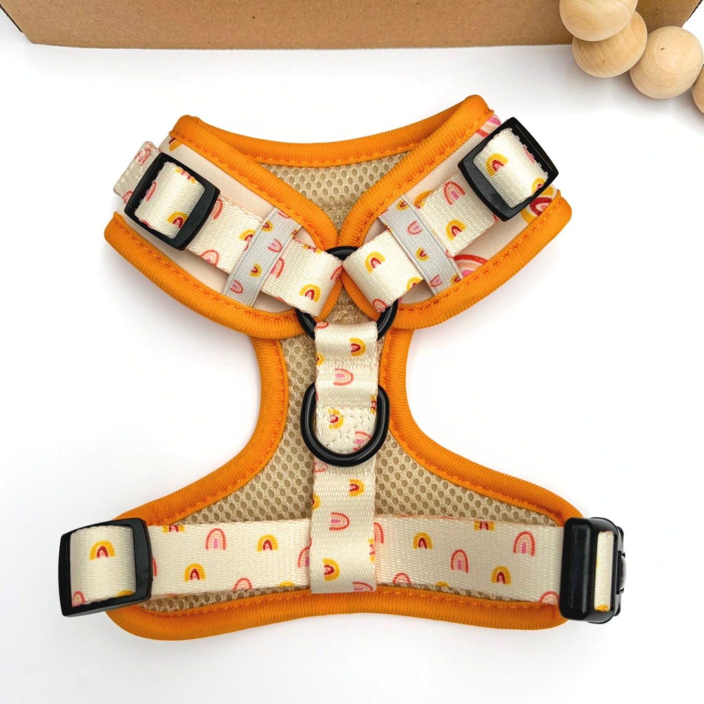 Back view of our fully adjustable dog harness Australia. Featuring our boho rainbow design dog harness with dual D-rings, soft padded edges, and durable design for comfort and training.