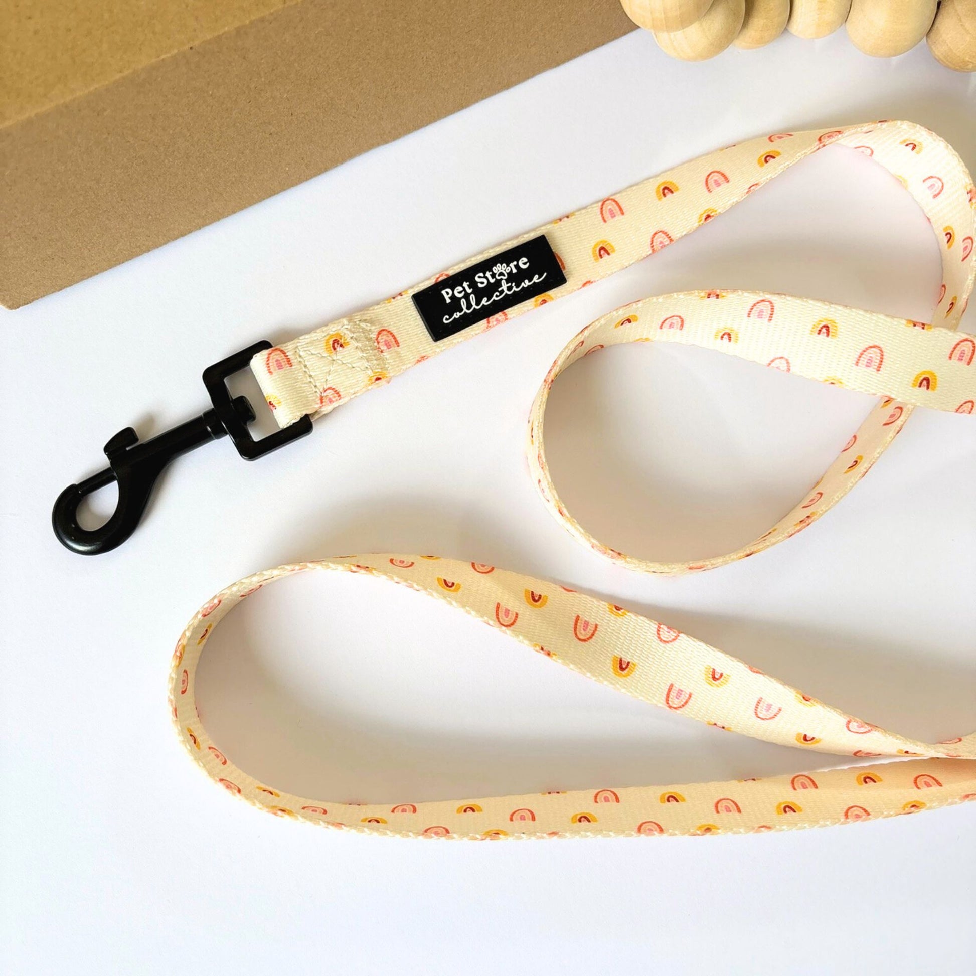 Our durable Boho Rainbow Dog Leash featuring custom yellow rainbow print. Featuring comfortable neoprene handle and tangle-free swivelling metal clip, available in small, medium and large sizes.