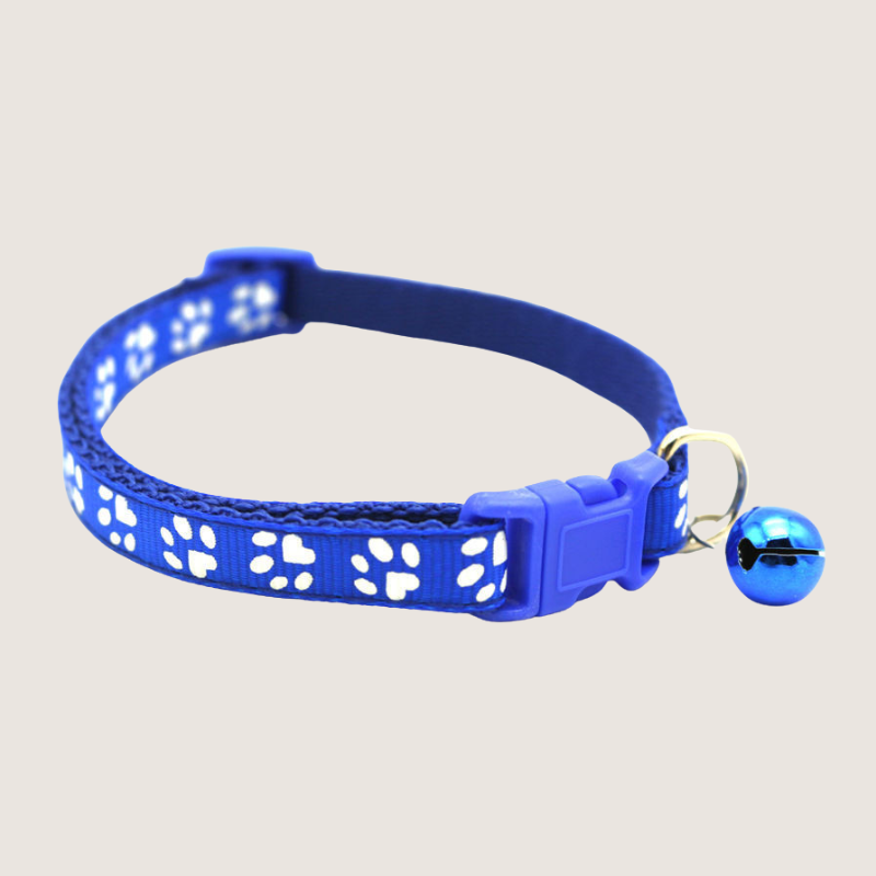 Blue Colour: Give your pet's style a boost with our cute paw print collars! Available in 12 vibrant colours, each collar comes with an attached bell for extra charm and is super easy to adjust. Shop now to add some flair to your furry friend's look!