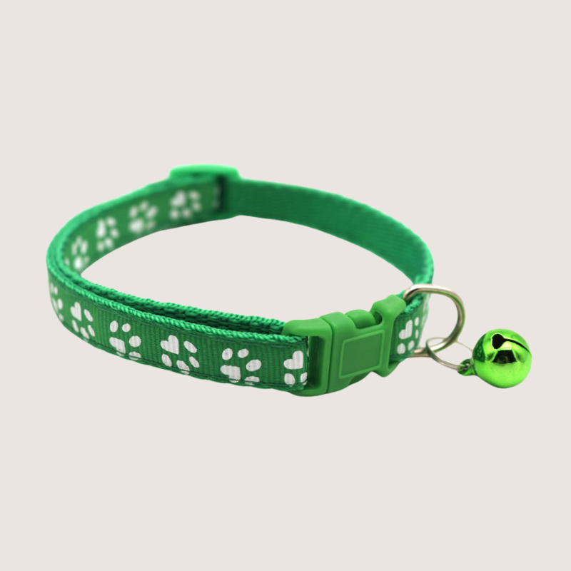 Green Colour: Give your pet's style a boost with our cute paw print collars! Available in 12 vibrant colours, each collar comes with an attached bell for extra charm and is super easy to adjust. Shop now to add some flair to your furry friend's look!