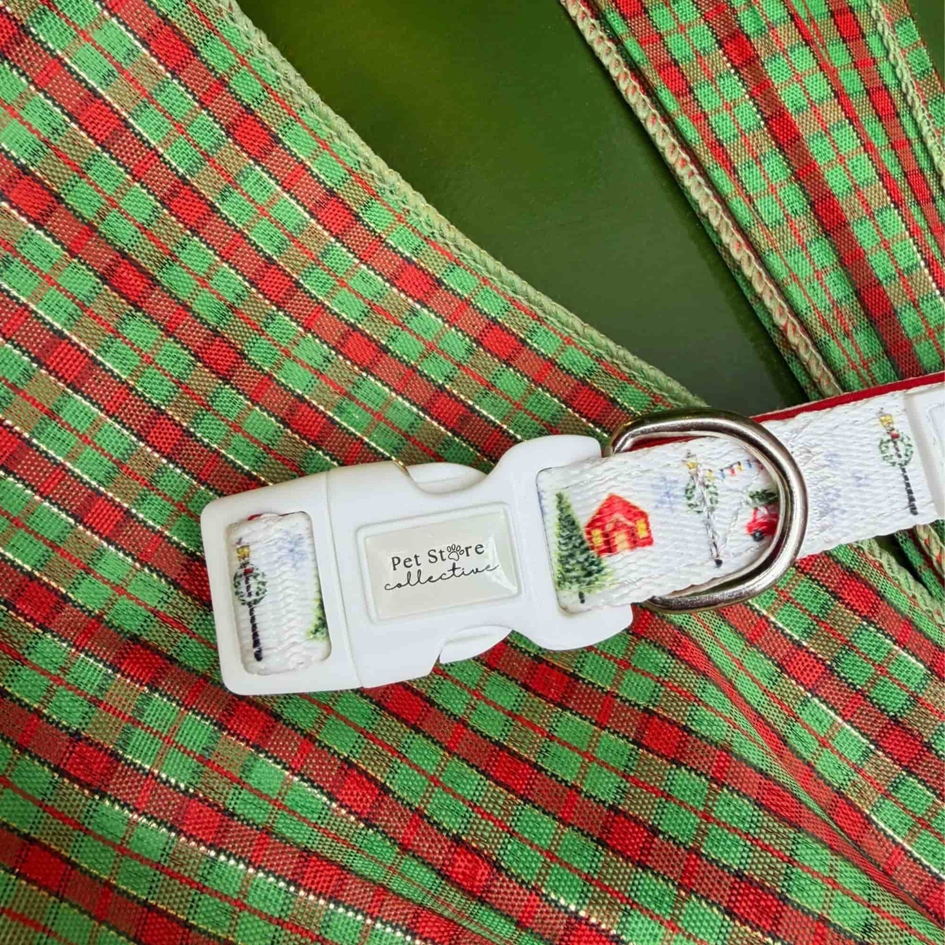 Close-up of our limited release Christmas Magic Adjustable Dog Collar with secure 4-point safety buckle and neoprene padding for gentle, all-day comfort.