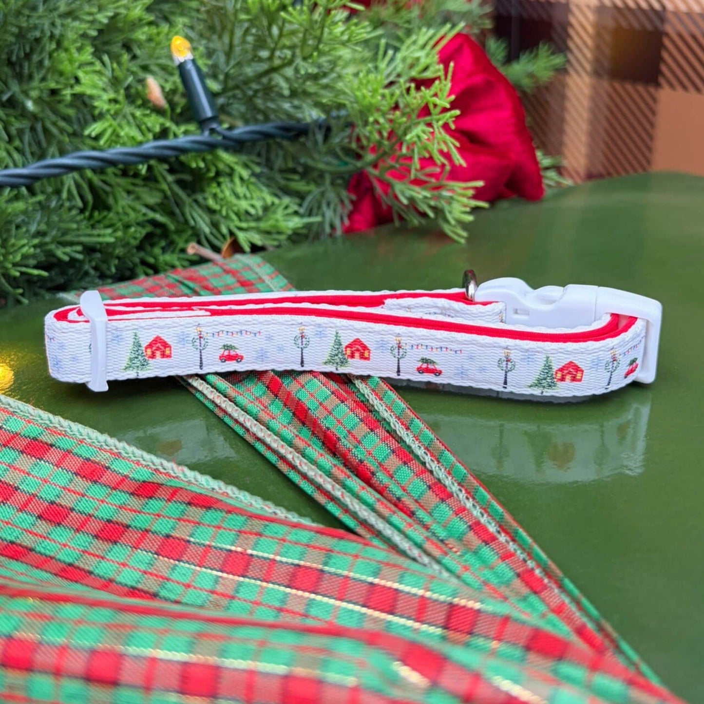 Back view of our fully adjustable Christmas Magic Dog Collar. Crafted from lightweight, durable polyester webbing with festive red and green details, perfect for growing pups and in-between sizes.