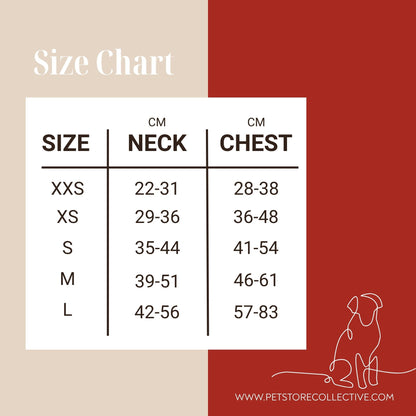 Size guide for our fully adjustable Christmas Magic Dog Harness, highlighting neck and chest adjustment range and available sizes from XXS to Medium for the perfect fit. Large size coming mid November.