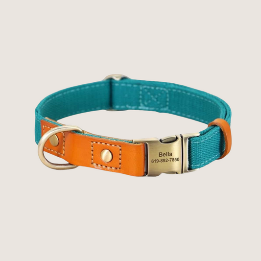 Blue and Orange Combo Collar: The collar and lead collection is made of durable nylon and genuine leather, available in six vibrant colours. The adjustable collar features a customisable buckle where your dog's name and your phone number can be engraved for added safety during outdoor activities. Available in three sizes, the set offers both style and convenience, ensuring a snug yet comfortable fit for small, medium, and large dogs.
