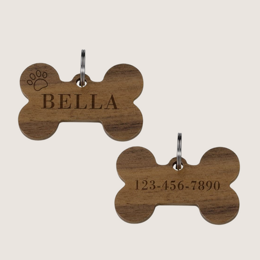 Dark Wood Pet ID Tags: Unique, personalised wooden identification tags, essential for pet safety. Each tag boasts a distinct pattern, available in light or dark wood. Enjoy free engraving and free shipping across Australia, USA, UK, and Germany. Size: Height: 0.98 inch x Width: 1.57 inch.