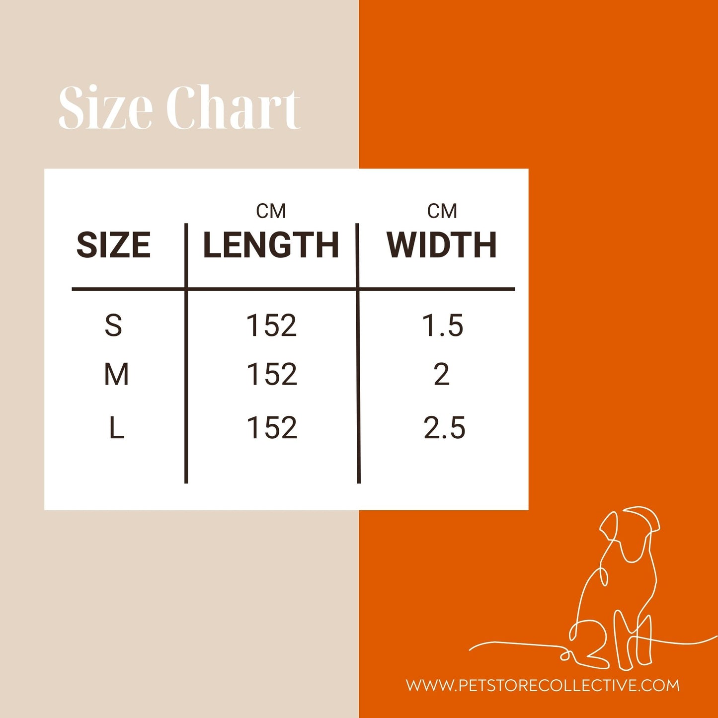 Thunderbolt Dog Lead size chart showing Small, Medium, and Large options. Dog lead available in lengths 152 cm with different widths. Designed by Pet Store Collective in Australia.