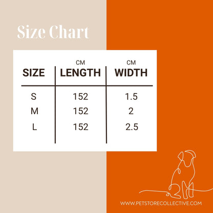 Thunderbolt Dog Lead size chart showing Small, Medium, and Large options. Dog lead available in lengths 152 cm with different widths. Designed by Pet Store Collective in Australia.