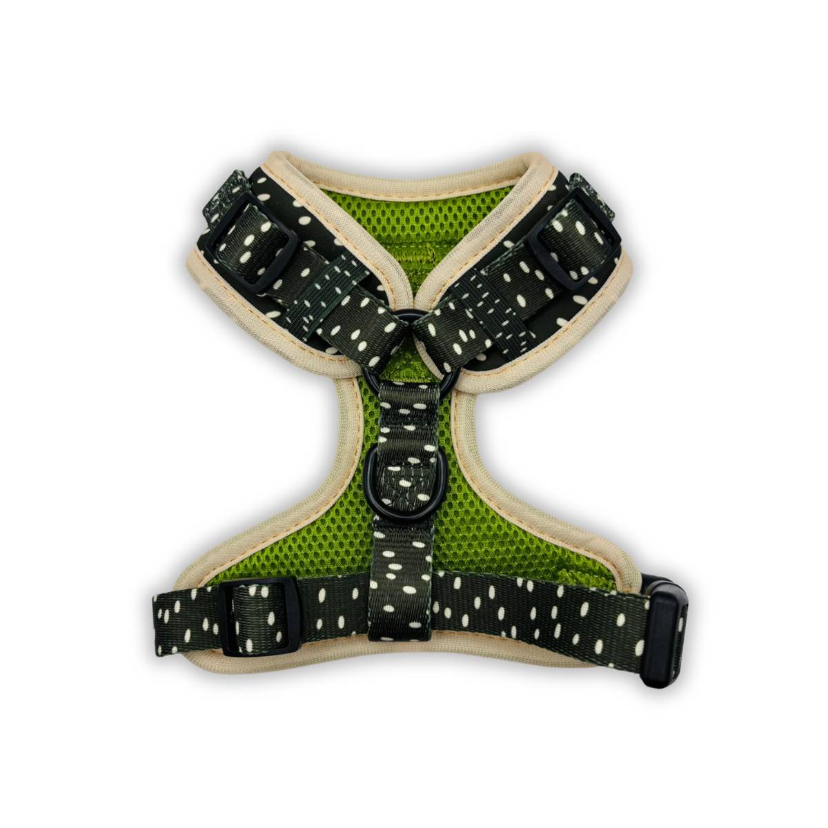 Back view of our Dottie Days Adjustable Dog Harness with a secure back D-ring for everyday walking, fully adjustable straps, and soft padded trim. Timeless olive and cream polka dot dog harness design in quick-dry neoprene material. XXS to L sizing. Designed in Australia.