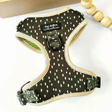 Pet Store Collective Dottie Days adjustable dog harness flat lay in olive green with cream polka dots and padded rim.