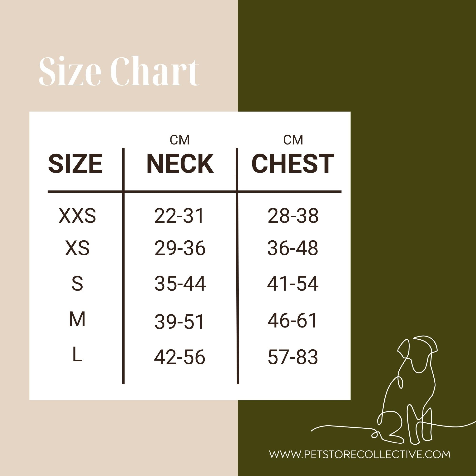 Adjustable dog harness size chart XXS to L showing neck and chest measurements for Pet Store Collective Dottie Days harness.