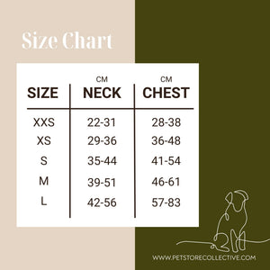 Adjustable dog harness size chart XXS to L showing neck and chest measurements for Pet Store Collective Dottie Days harness.