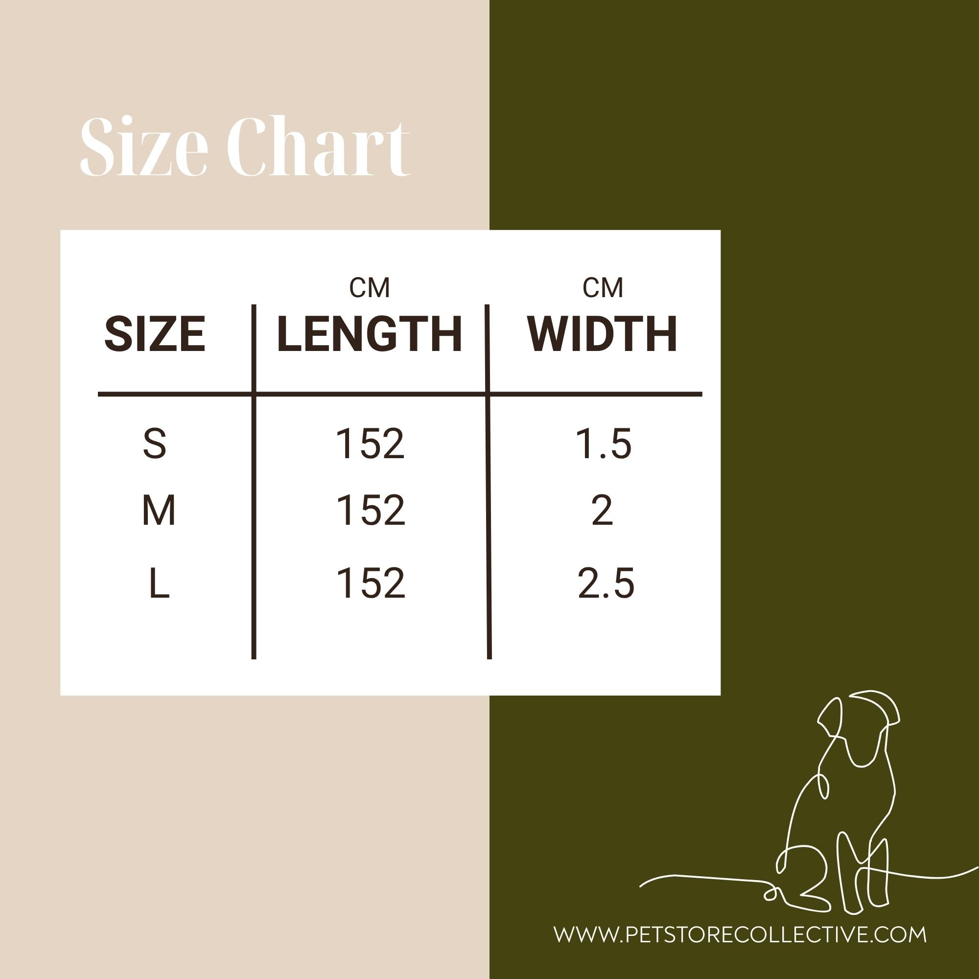 Dottie Days olive green anti-tangle dog lead size chart showing small, medium and large width options all at 152cm length by Pet Store Collective.