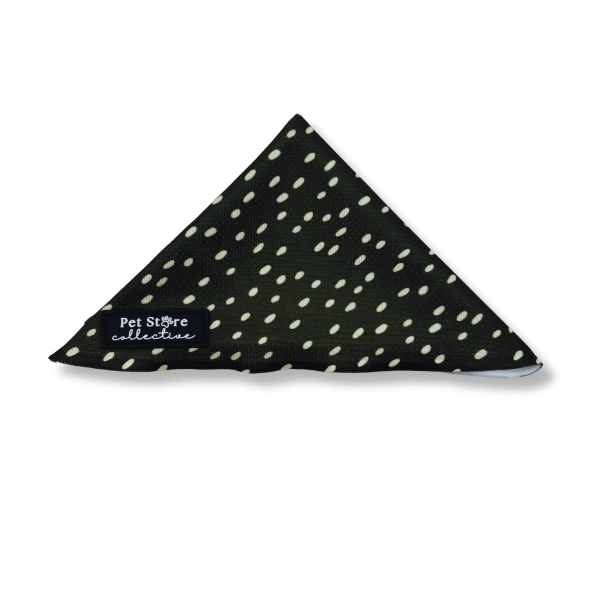Our olive-green and cream polka dot dog bandana, tie-on style. In sizes S/M 49.5CM x 35CM x 35CM fits necks up to 29CM, M/L 57CM x 40CM x 40CM fits necks up to 39CM.