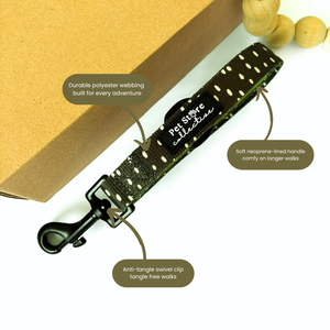 Dottie Days olive green anti-tangle dog lead showing soft neoprene handle durable polyester webbing and swivel clip by Pet Store Collective.