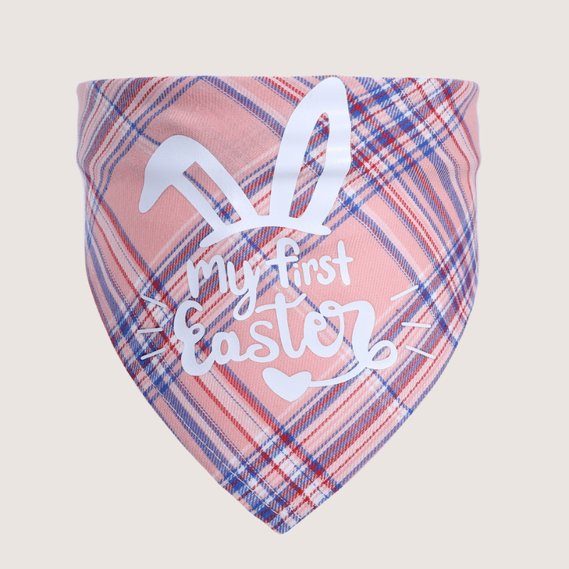 Pink Colour My First Easter: Adorable Easter pet bandanas with charming gingham patterns, made from breathable and durable cotton for comfort and style. Adjustable neck circumference of 25-42 cm ensures a perfect fit for pets of all sizes. Elevate your pet's Easter style
