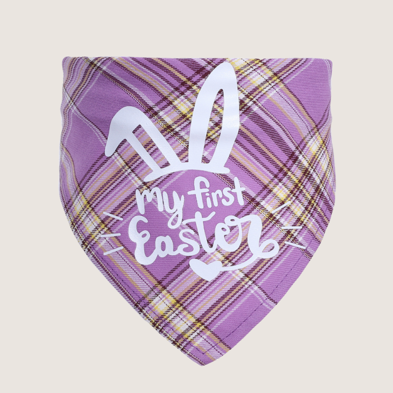 Purple Colour My First Easter: Adorable Easter pet bandanas with charming gingham patterns, made from breathable and durable cotton for comfort and style. Adjustable neck circumference of 25-42 cm ensures a perfect fit for pets of all sizes. Elevate your pet's Easter style.