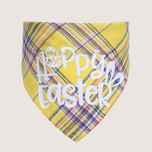 Yellow Colour Happy Easter: Adorable Easter pet bandanas with charming gingham patterns, made from breathable and durable cotton for comfort and style. Adjustable neck circumference of 25-42 cm ensures a perfect fit for pets of all sizes. Elevate your pet's Easter style.
