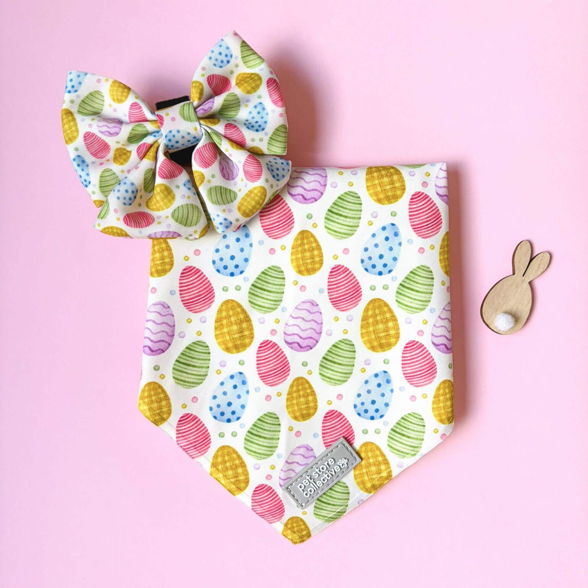 Our limited edition Easter dog bandana and sailor bow tie set. Featuring pastel easter egg print on soft pink background, classic tie-up bandana and matching bow tie.