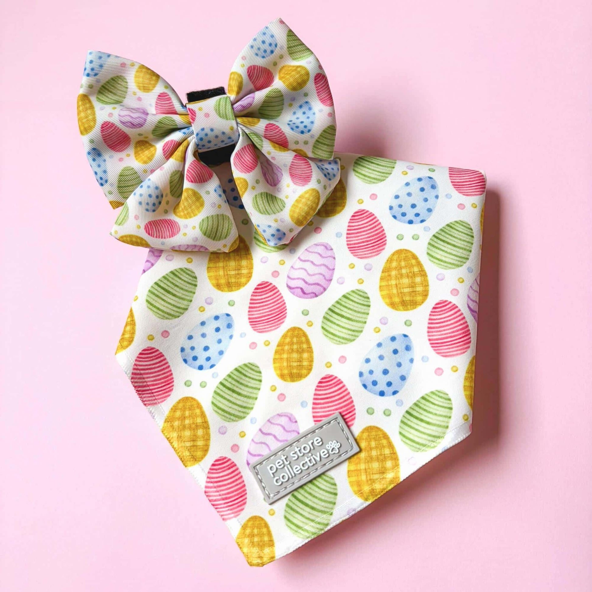Limited edition Easter dog bandana and matching sailor bow tie set. Classic tie-up pet bandana design with soft pastel Easter egg print for dogs and cats.