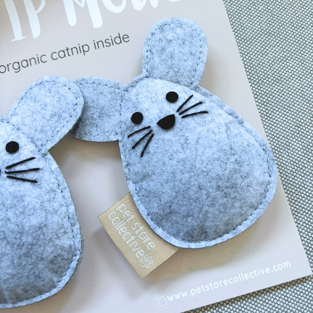Light grey handmade organic catnip mouse toys. Crafted from recycled felt, durable, safe and natural cat toys.