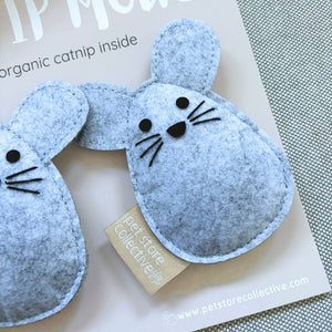 Light grey handmade organic catnip mouse toys. Crafted from recycled felt, durable, safe and natural cat toys.