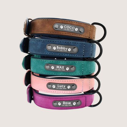 Available in five colours: Coffee, Blue, Green, Pink, and Dark Pink: Personalised Leather Dog Collar with ID Tags - Stylish and durable collar for small, medium, and large dogs. Engraved stainless-steel nameplate for safety. Vibrant colours and secure fit with D-ring for lead attachment and easy adjustable range to find the perfect fit for your furry friend.