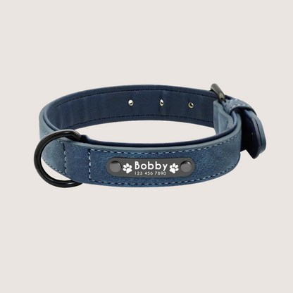 Blue Colour: Personalised Leather Dog Collar with ID Tags - Stylish and durable collar for small, medium, and large dogs. Engraved stainless-steel nameplate for safety. Vibrant colours and secure fit with D-ring for lead attachment and easy adjustable range to find the perfect fit for your furry friend.