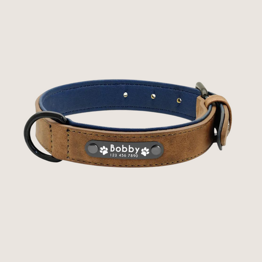 Coffee Colour: Personalised Leather Dog Collar with ID Tags - Stylish and durable collar for small, medium, and large dogs. Engraved stainless-steel nameplate for safety. Vibrant colours and secure fit with D-ring for lead attachment and easy adjustable range to find the perfect fit for your furry friend.