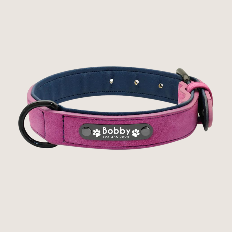 Dark Pink Colour: Personalised Leather Dog Collar with ID Tags - Stylish and durable collar for small, medium, and large dogs. Engraved stainless-steel nameplate for safety. Vibrant colours and secure fit with D-ring for lead attachment and easy adjustable range to find the perfect fit for your furry friend.