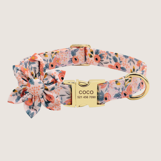Vibrant personalised pet collar collection featuring detachable flower accessory and D-ring for lead attachment. Prioritises comfort, style, and safety in small, medium, and large sizes. Durable zinc alloy hardware ensures longevity and includes free engraving for personalisation. Available in 22 unique prints.