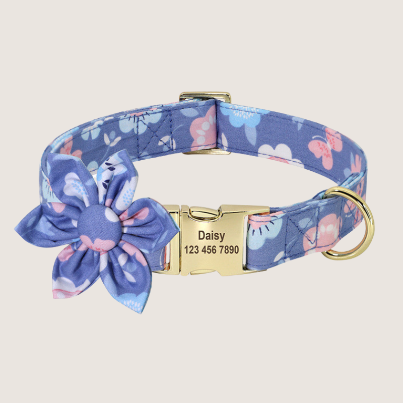 Vibrant personalised pet collar collection featuring detachable flower accessory and D-ring for lead attachment. Prioritises comfort, style, and safety in small, medium, and large sizes. Durable zinc alloy hardware ensures longevity and includes free engraving for personalisation. Available in 22 unique prints.