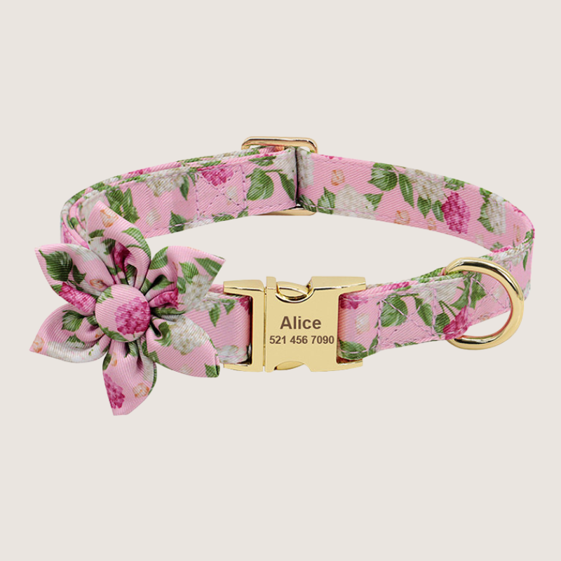 Vibrant personalised pet collar collection featuring detachable flower accessory and D-ring for lead attachment. Prioritises comfort, style, and safety in small, medium, and large sizes. Durable zinc alloy hardware ensures longevity and includes free engraving for personalisation. Available in 22 unique prints.